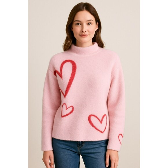 Rachel Zoe Pink Pullover Sweater With Red Hearts Print Mock Neck Womens Medium S - Picture 1 of 8
